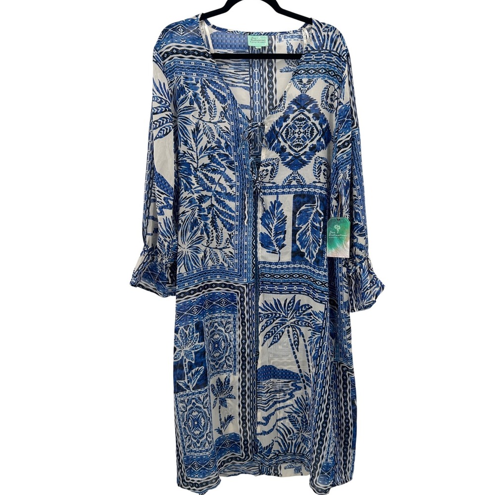 NWT‎ True Destinations Sheer Blue White Tropical Print Kaftan Cover Up Dress Med